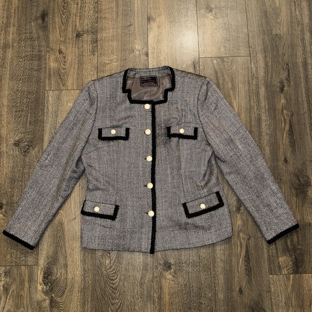 Pete' Fashion‎ M Tweed Pearl Button Cropped Jacket Lace Blazer Preppy Academia